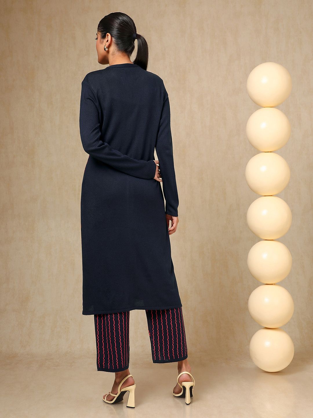 Dhiyona SO Women's Navy Blue Geometric Woven Design Mandarin Collar Acrylic Straight Kurta With Trouser