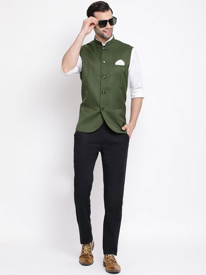 Men's Green Cotton Silk Straight Nehru Jacket