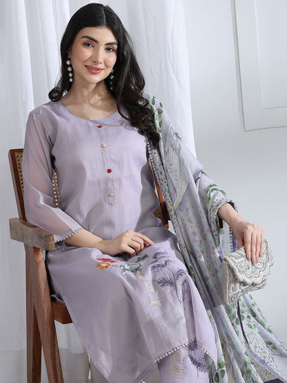 Dhiyona PD Women Floral Printed Thread Work Straight Kurta With Trousers & Dupatta