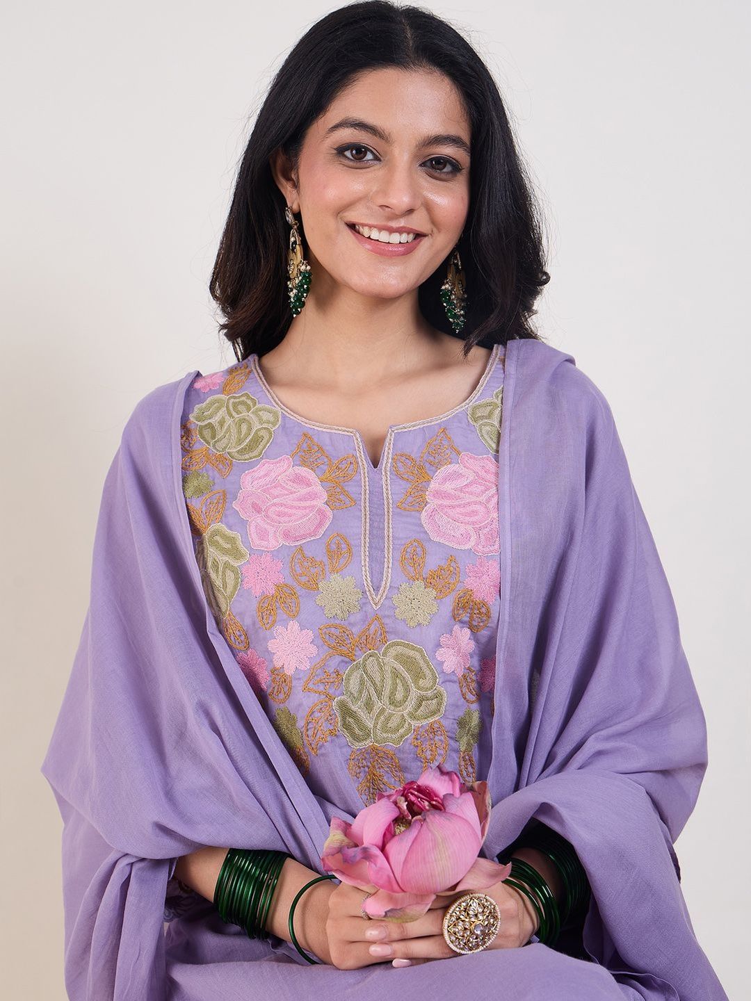 Dhiyona IE Floral Embroidered Thread Work Pure Cotton Straight Kurta With Trousers & Dupatta