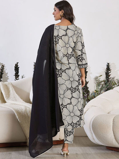 Dhiyona IE Floral Printed Sequinned Pure Cotton Straight Kurta with Trouser & Dupatta