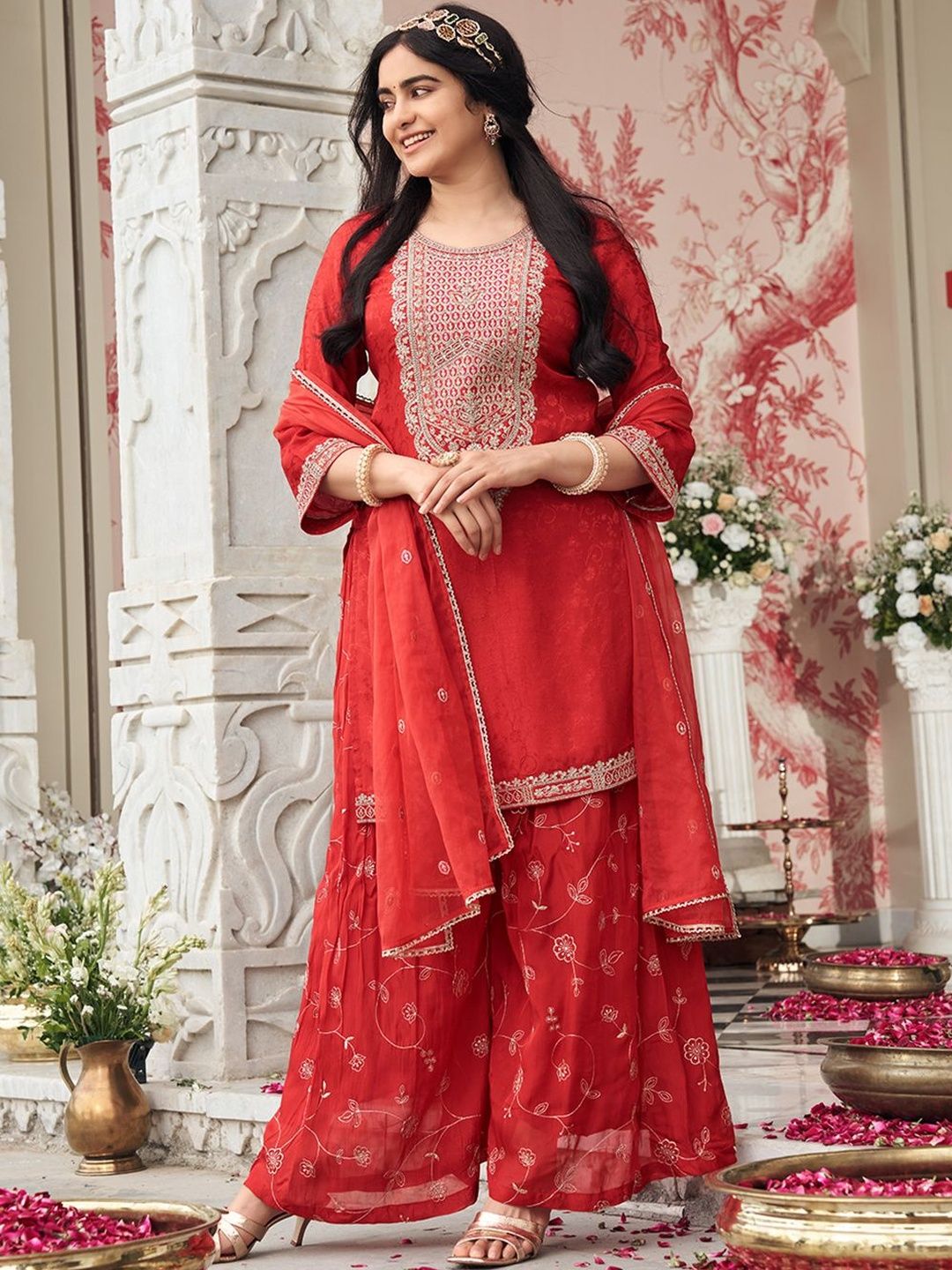 Dhiyona CH Women Ethnic Motifs Embroidered Thread Work Kurta with Sharara & With Dupatta