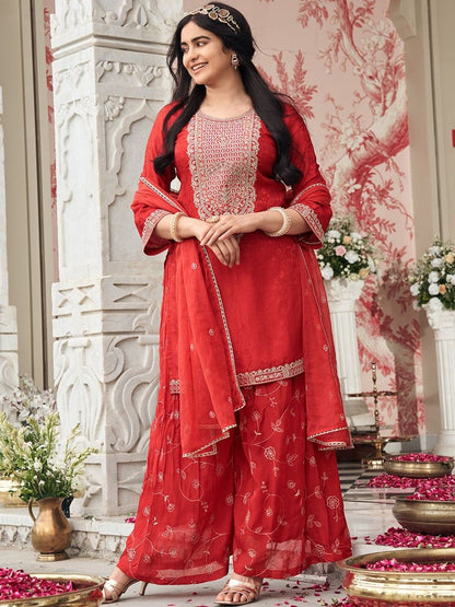 Dhiyona CH Women Ethnic Motifs Embroidered Thread Work Kurta with Sharara & With Dupatta