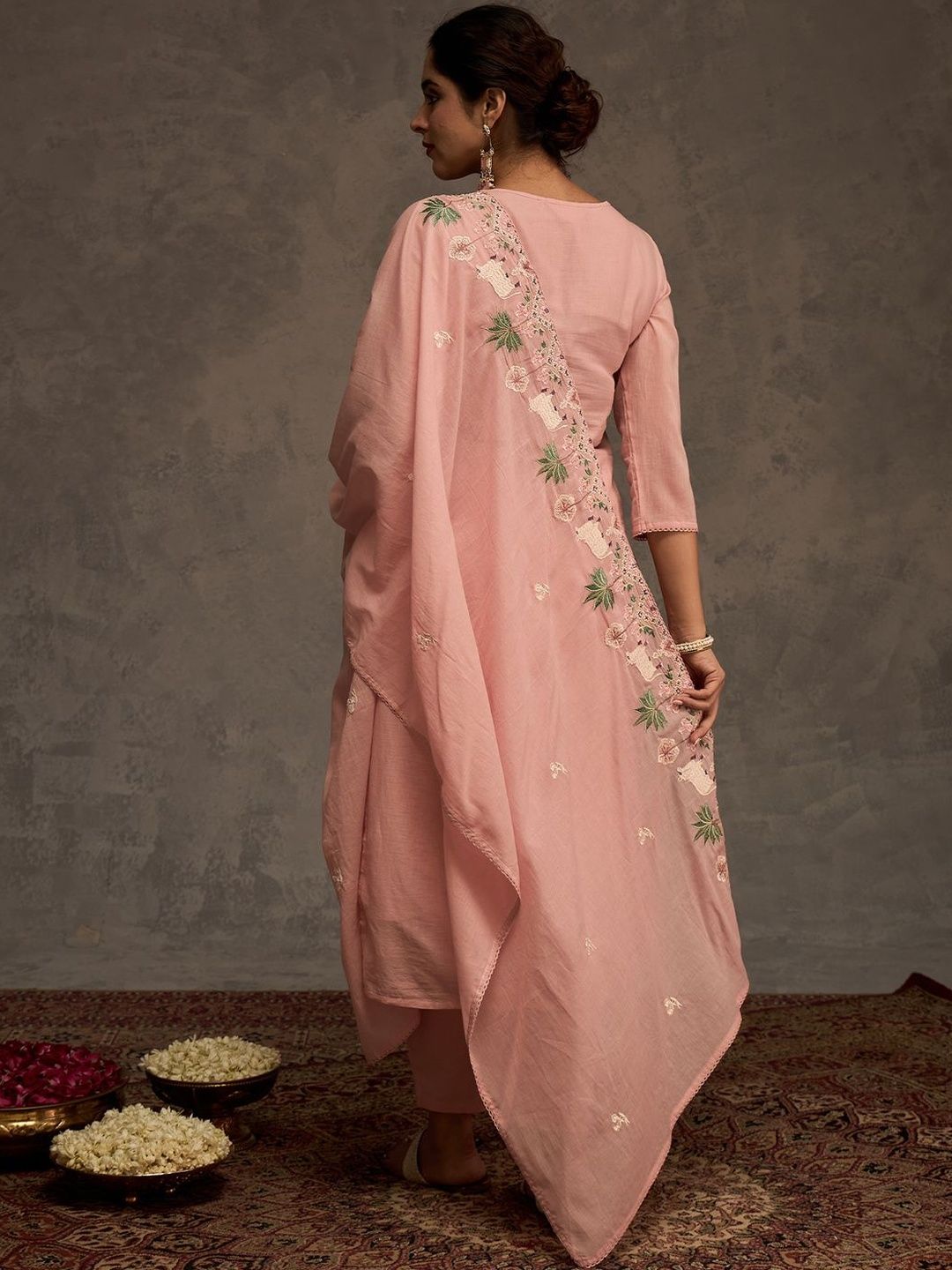 Ethnic Motifs Embroidered Thread Work Pure Cotton Kurta & Trousers With Dupatta