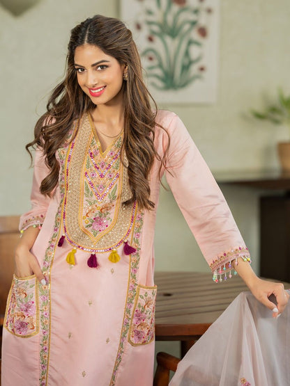 Women Ethnic Motifs Embroidered Regular Thread Work Kurta with Trousers & With Dupatta