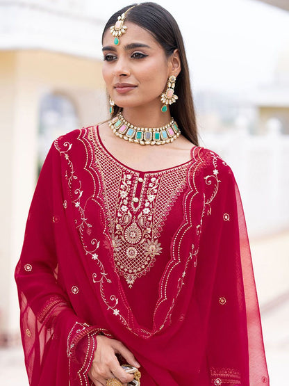 Dhiyona CH Embroidered Round Neck Thread Work Kurta With Trousers & Dupatta