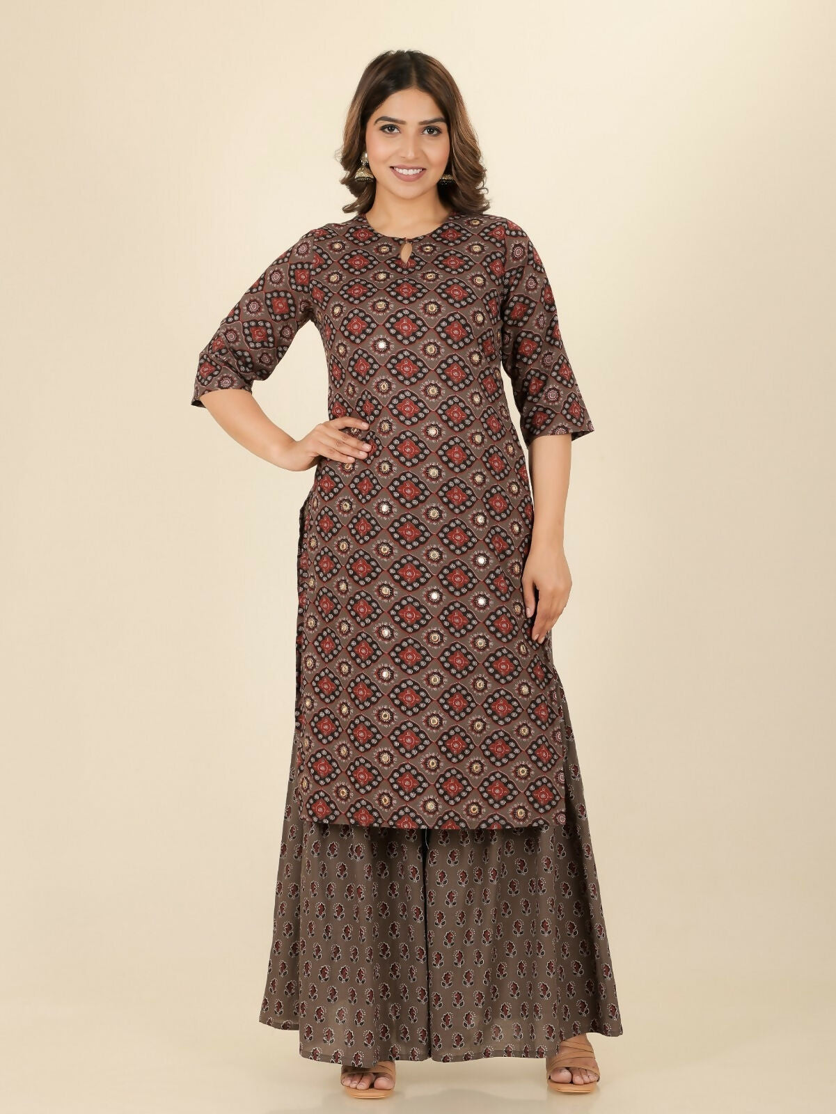 Women's Brown Soft Cotton Geometric Straight Kurta for Women