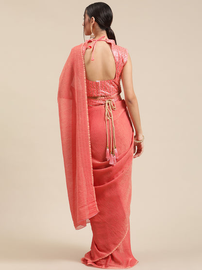 Women's Polycotton Pink Solid Belted Sarees With Blouse Piece