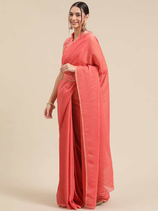 Women's Polycotton Pink Solid Belted Sarees With Blouse Piece