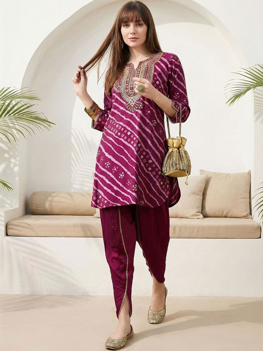 Dhiyona CH Women Leheriya Printed Regular Sequinned Kurta with Dhoti Pants
