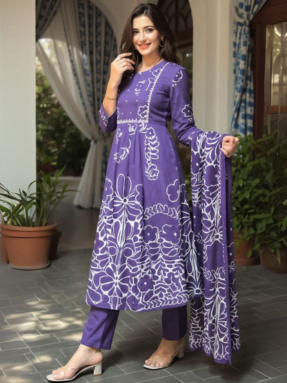 Floral Printed Pure Cotton A Line Kurta With Trousers & Dupatta