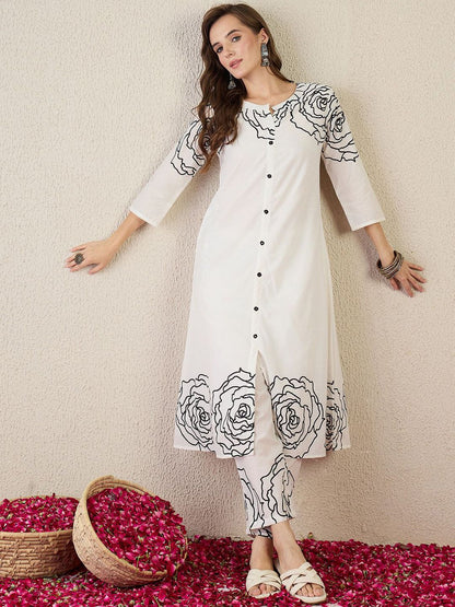 Women Ethnic Motifs Printed Regular Mirror Work Pure Cotton Kurta Trousers