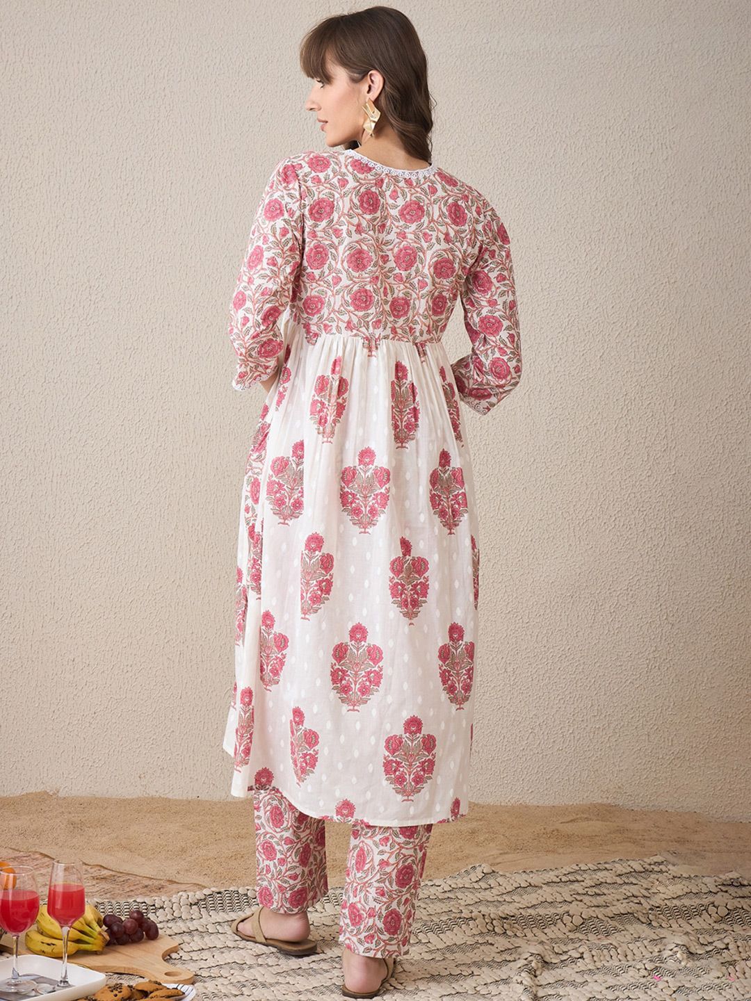 Dhiyona IE Floral Printed V-Neck Empire Pure Cotton A-Line Kurta With Trouser