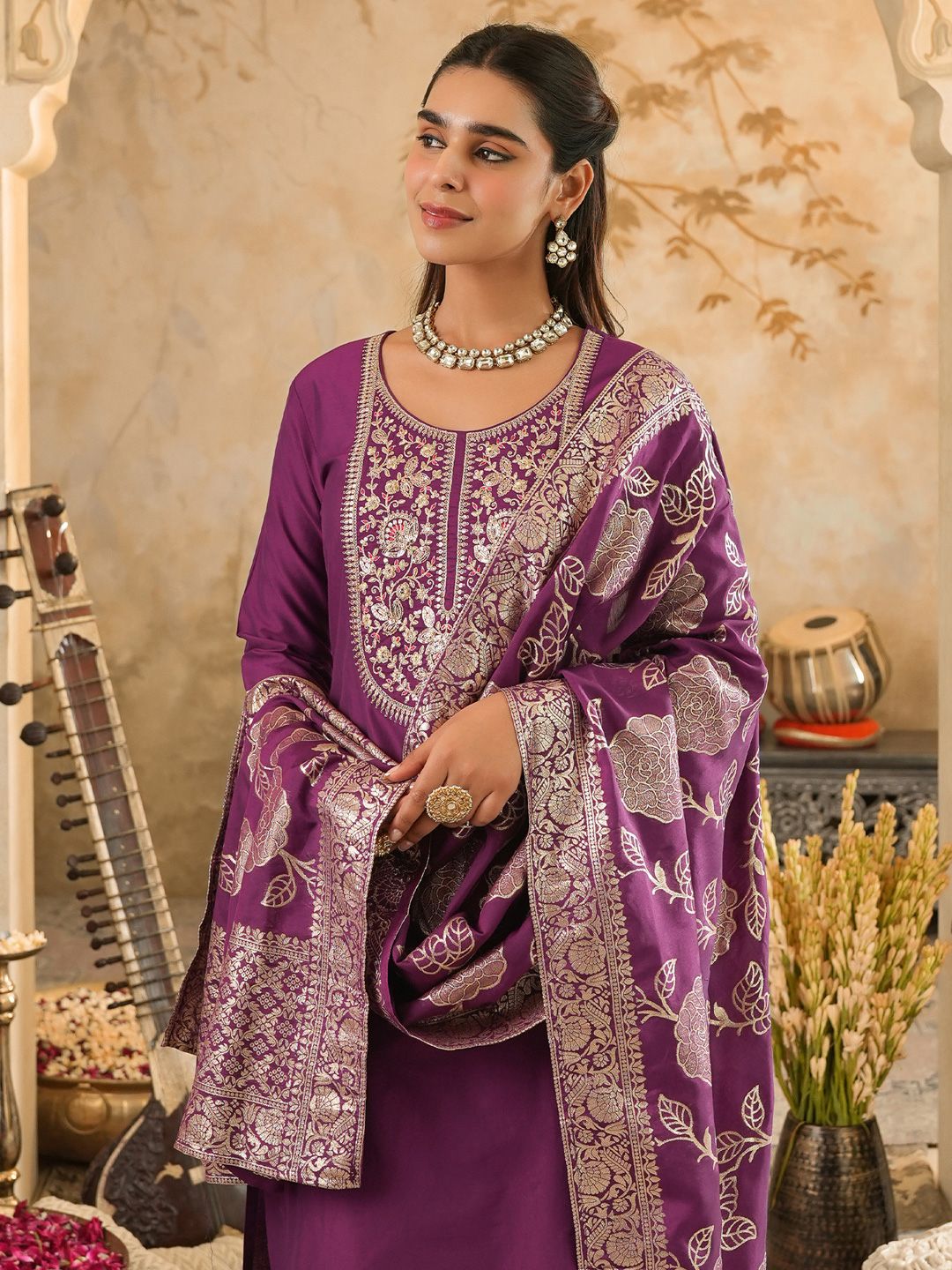 Ethnic Motifs Embroidered Sequinned Kurta With Trousers & Dupatta