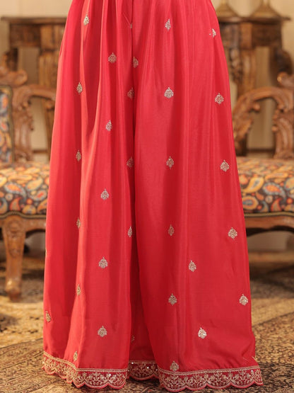 Ethnic Motifs Embroidered Straight Chinon Kurta & Palazzos With Dupatta