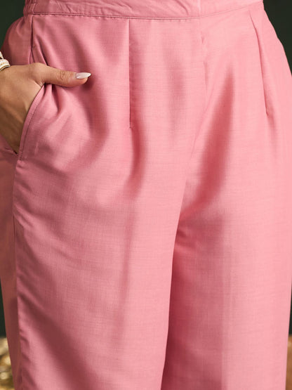 Mauve Paisley Embroidered V-Neck Georgette A-Line Kurta with Trousers & Dupatta