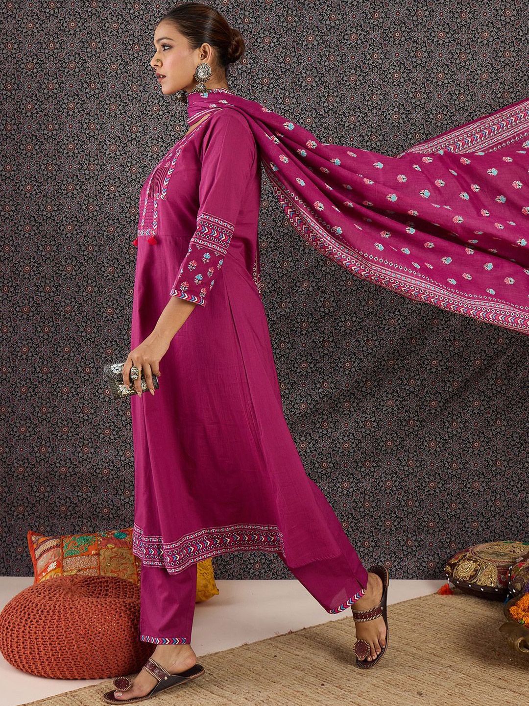 Women Ethnic Motifs Printed Pleated Thread Work Pure Cotton Kurta with Trousers & With Dupatta