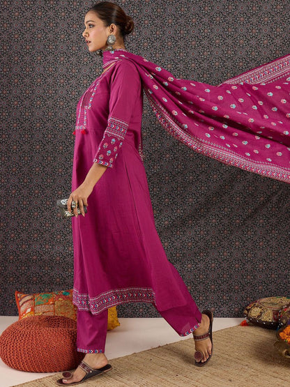 Women Ethnic Motifs Printed Pleated Thread Work Pure Cotton Kurta with Trousers & With Dupatta