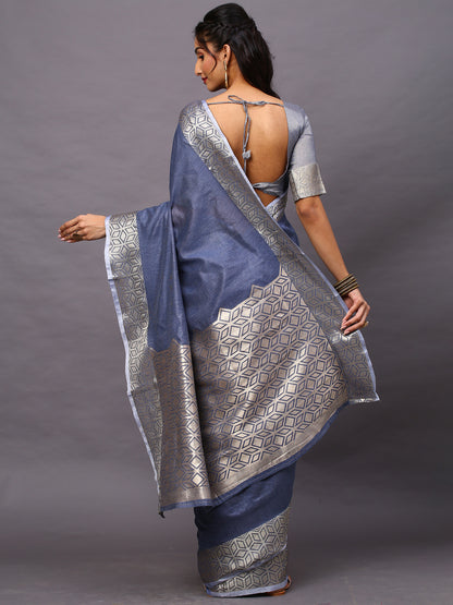 Women's Linen Blend Blue Woven Design Designer Saree With Blouse Piece