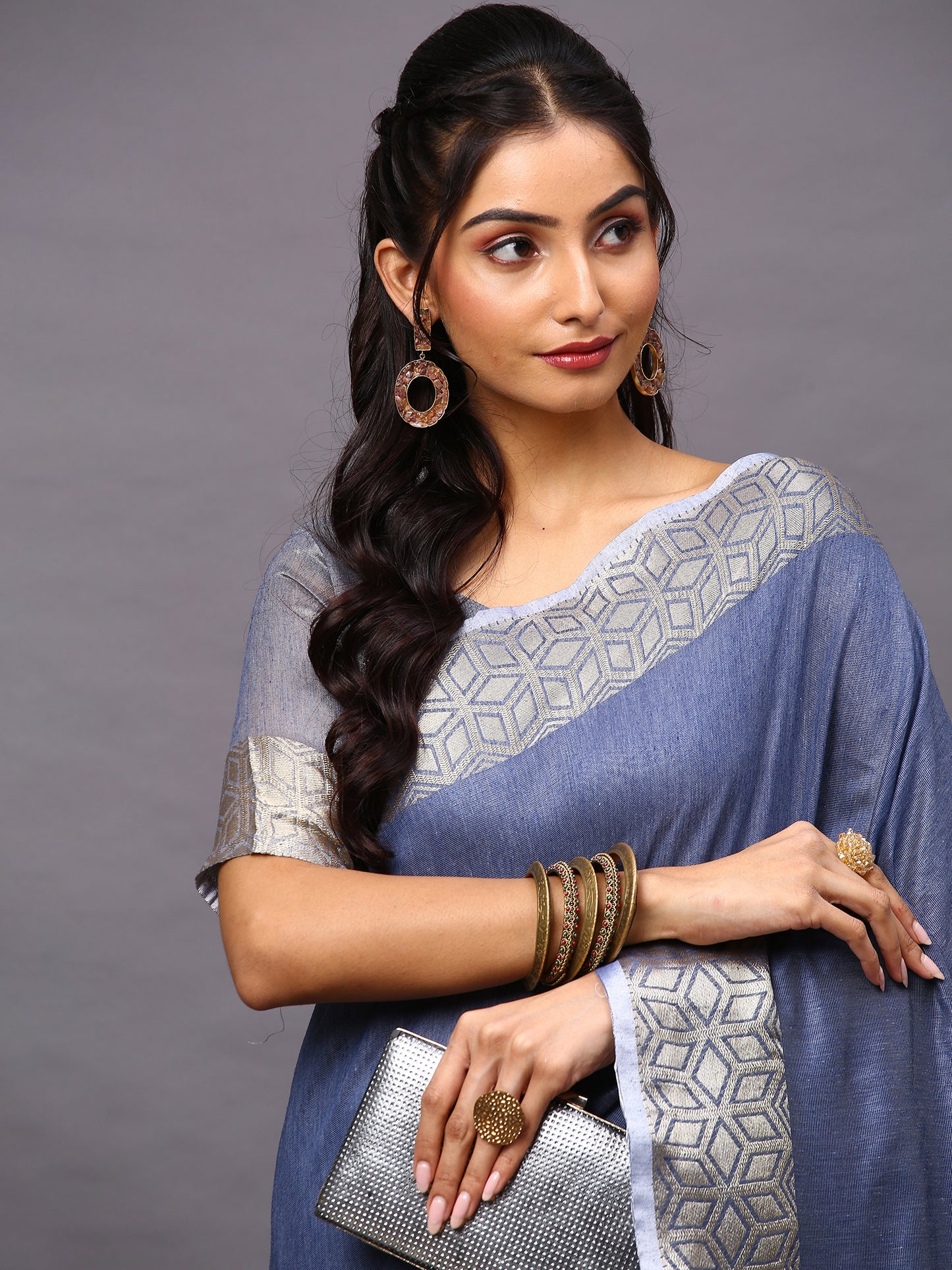 Women's Linen Blend Blue Woven Design Designer Saree With Blouse Piece