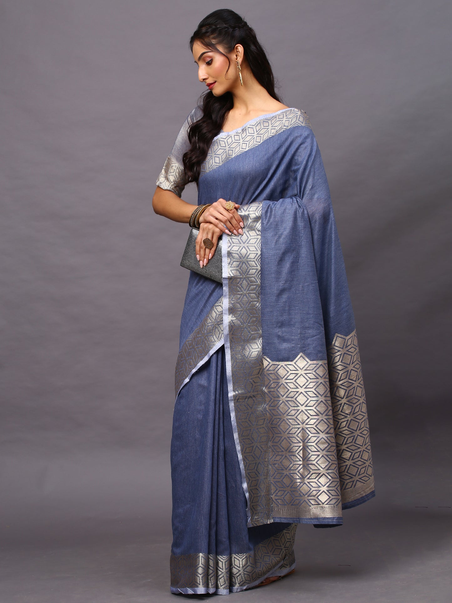 Women's Linen Blend Blue Woven Design Designer Saree With Blouse Piece