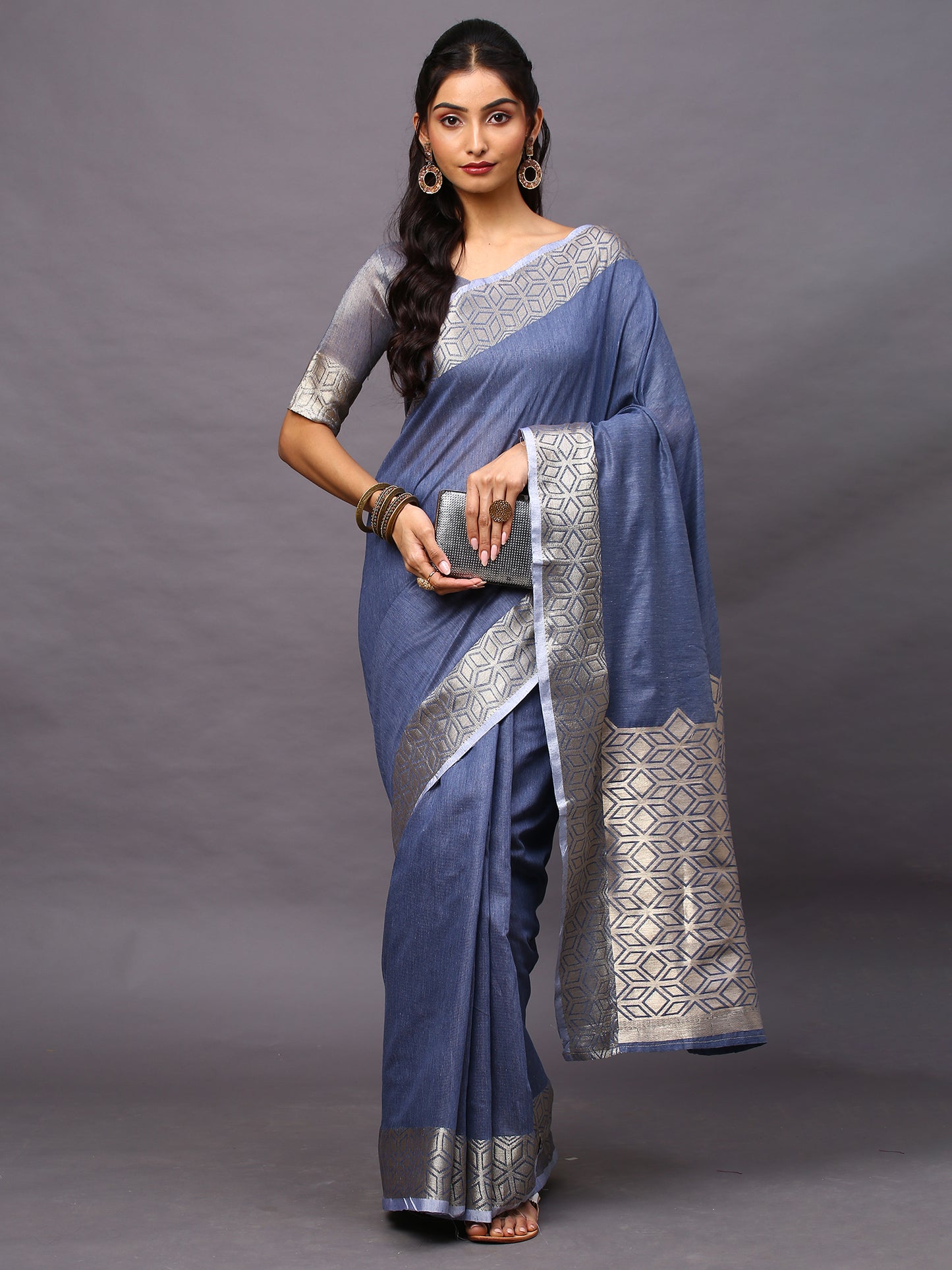 Women's Linen Blend Blue Woven Design Designer Saree With Blouse Piece