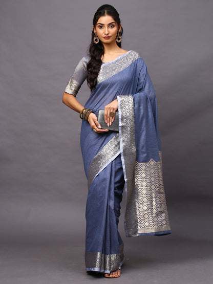 Women's Linen Blend Blue Woven Design Designer Saree With Blouse Piece