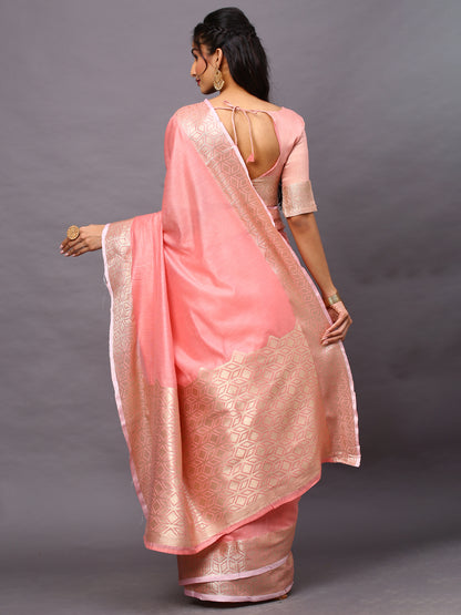 Women's Linen Blend Pink Woven Design Designer Saree With Blouse Piece