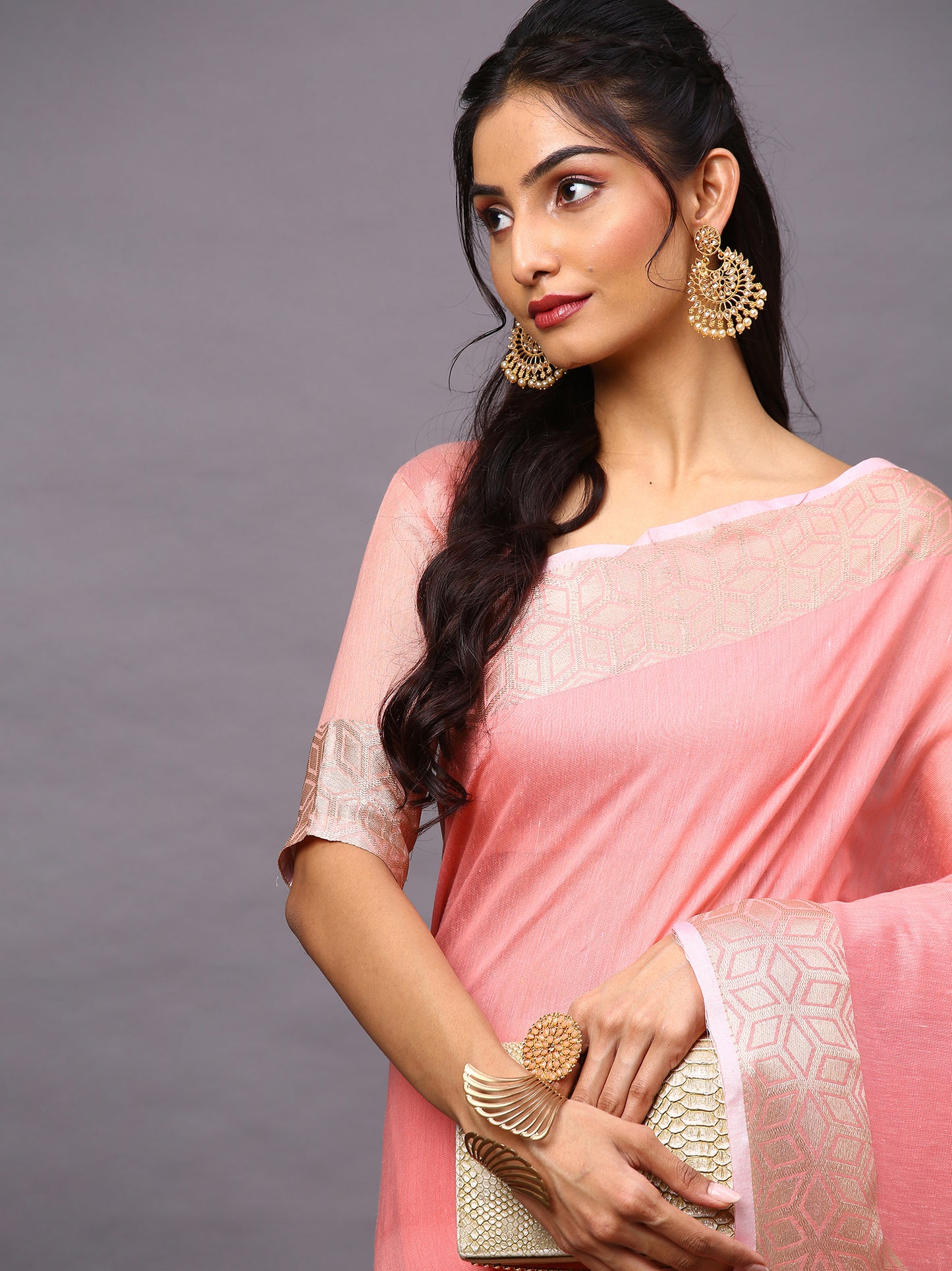 Women's Linen Blend Pink Woven Design Designer Saree With Blouse Piece