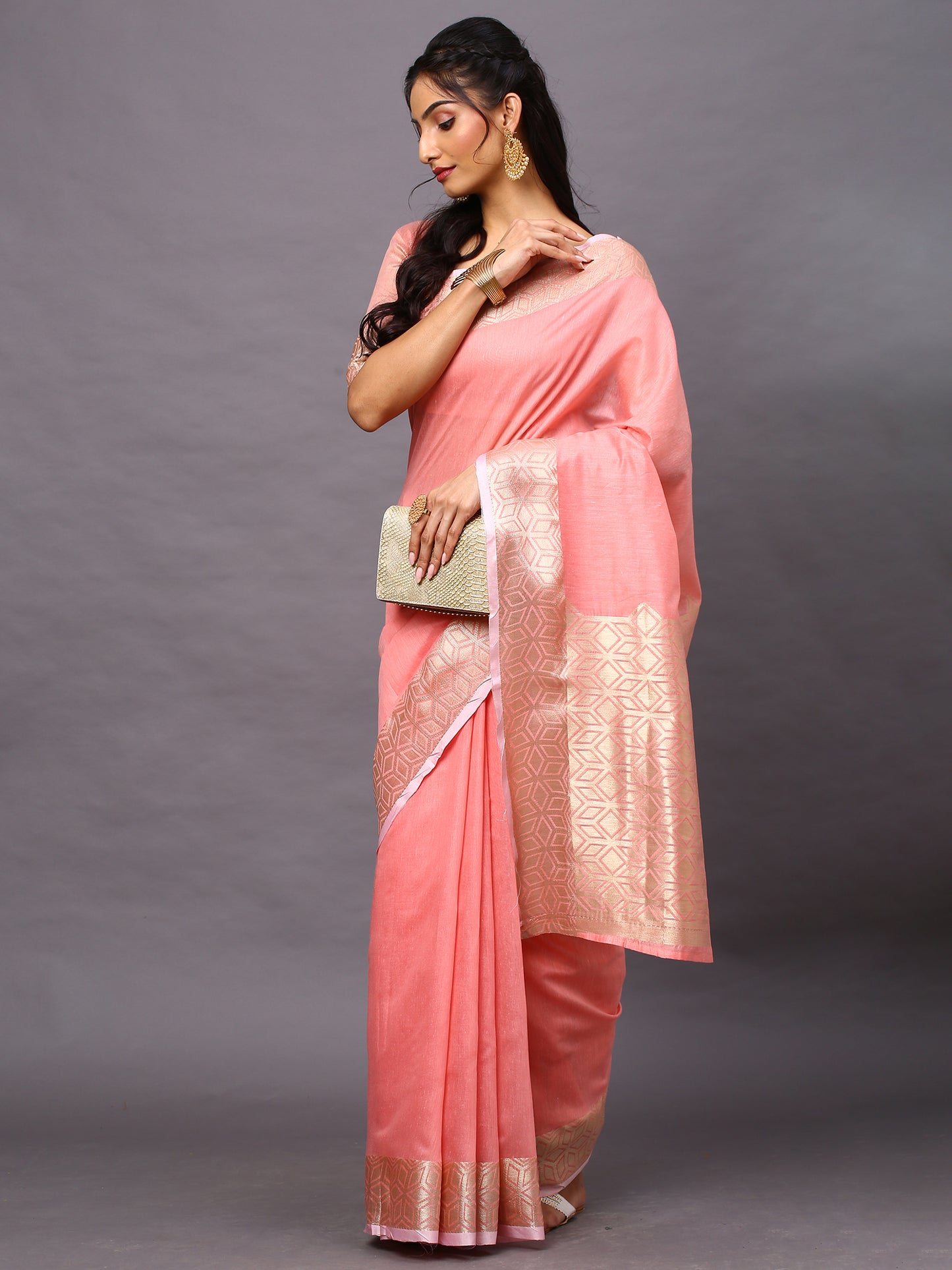 Women's Linen Blend Pink Woven Design Designer Saree With Blouse Piece