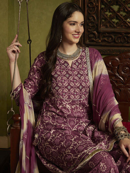 Dhiyona SN Women's Purple Floral Printed Notch-Neck Pure Cotton A-Line Kurta With Sharara & Dupatta.