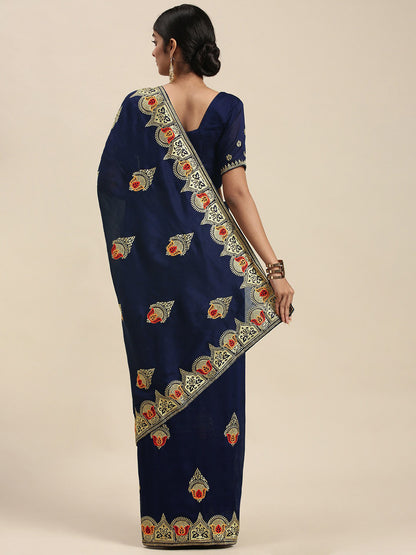 Women's Silk Blend Navy Blue Embellished Designer Saree With Blouse Piece