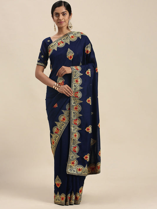 Women's Silk Blend Navy Blue Embellished Designer Saree With Blouse Piece