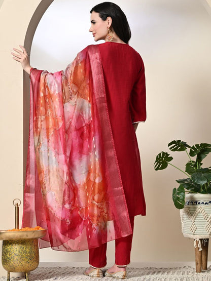 Dhiyona SN Women's Floral Yoke Design Pleated Sequinned A-Line Kurta With Dhoti Pants & Dupatta