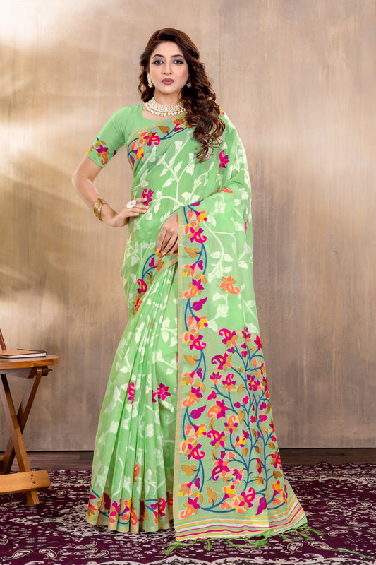 Dhiyona GR Women's Suhani Green Cotton Jamdani Saree