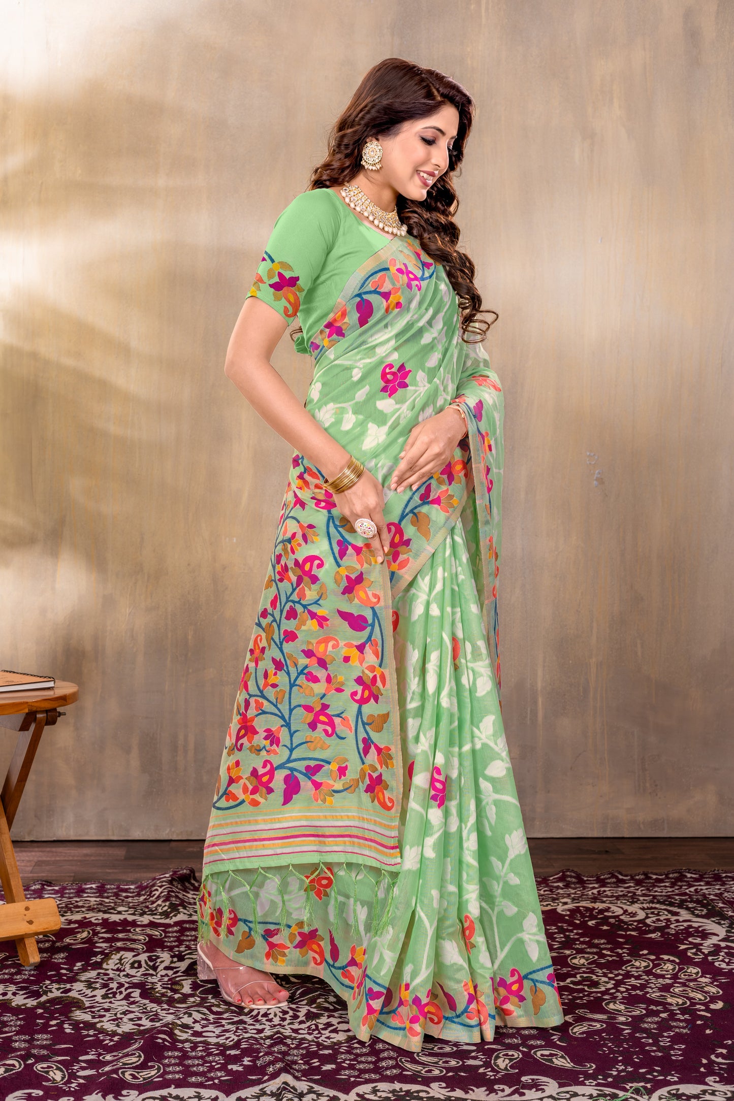 Dhiyona GR Women's Suhani Green Cotton Jamdani Saree