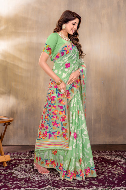 Dhiyona GR Women's Suhani Green Cotton Jamdani Saree