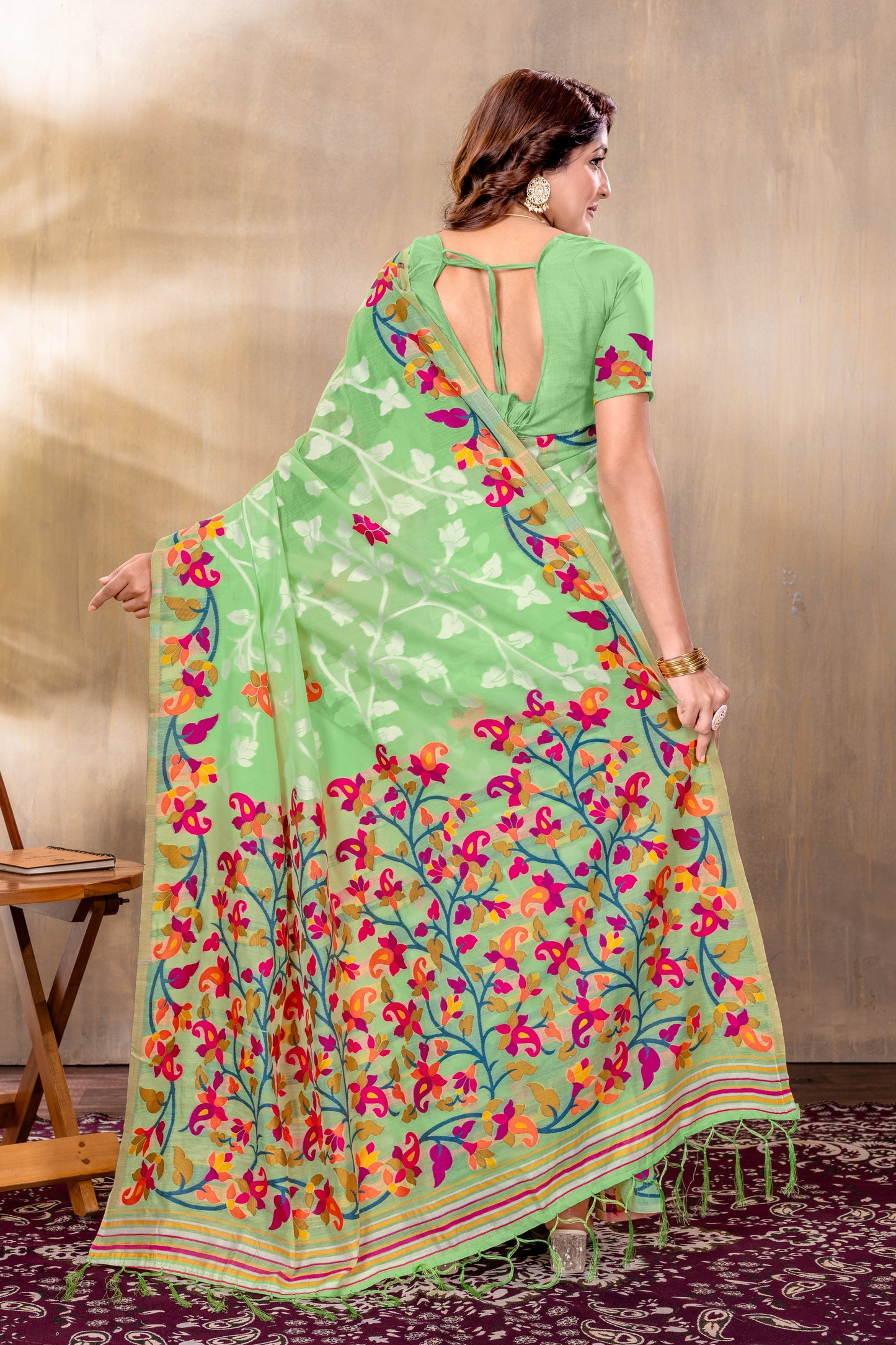 Dhiyona GR Women's Suhani Green Cotton Jamdani Saree