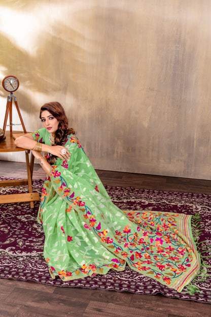 Dhiyona GR Women's Suhani Green Cotton Jamdani Saree
