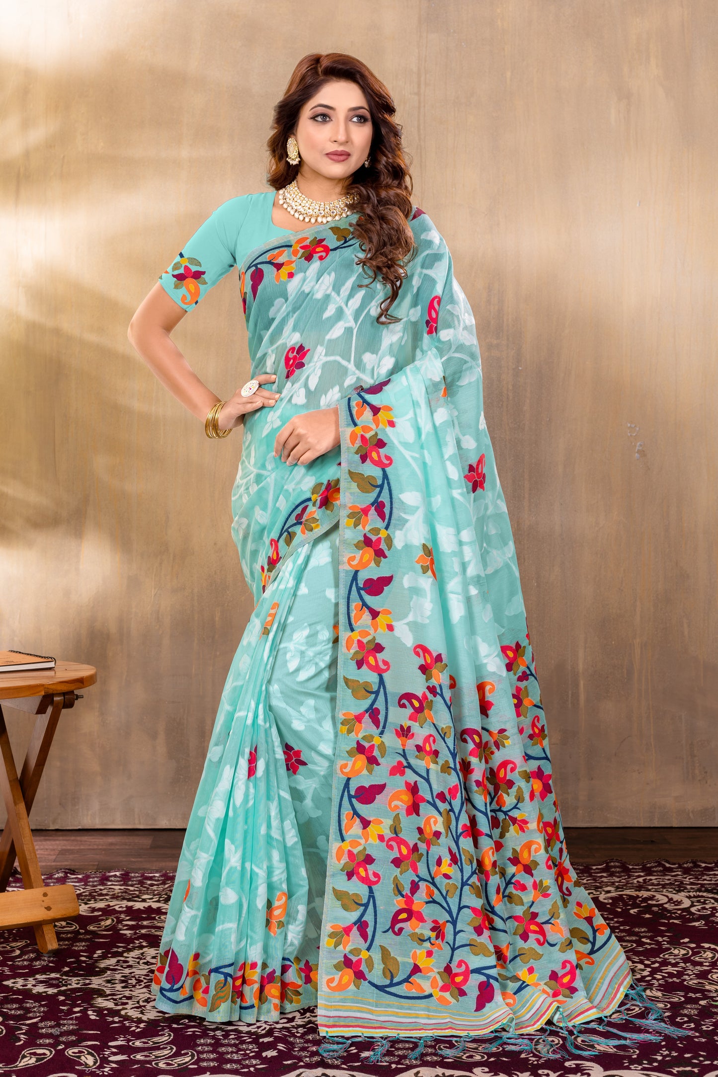 Dhiyona GR Women's Suhani Sky Blue Cotton Jamdani Saree