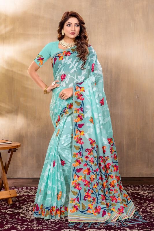 Dhiyona GR Women's Suhani Sky Blue Cotton Jamdani Saree