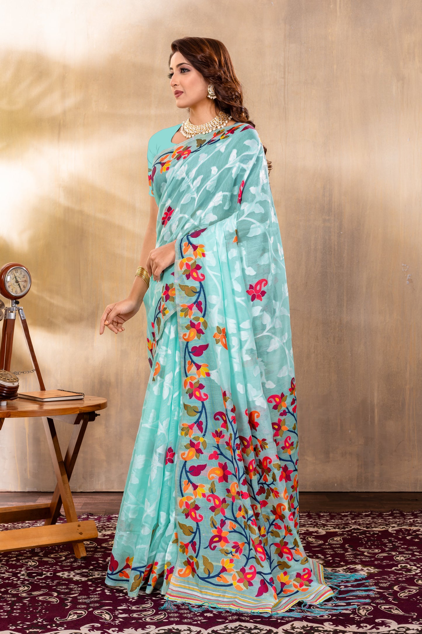 Dhiyona GR Women's Suhani Sky Blue Cotton Jamdani Saree