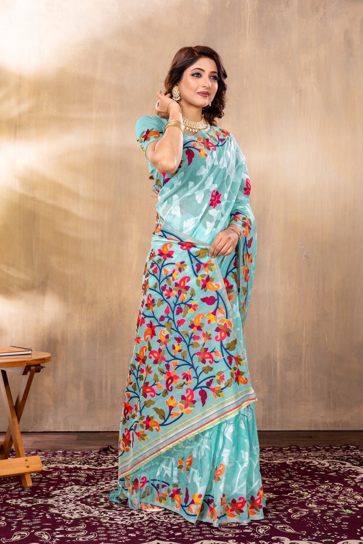 Dhiyona GR Women's Suhani Sky Blue Cotton Jamdani Saree
