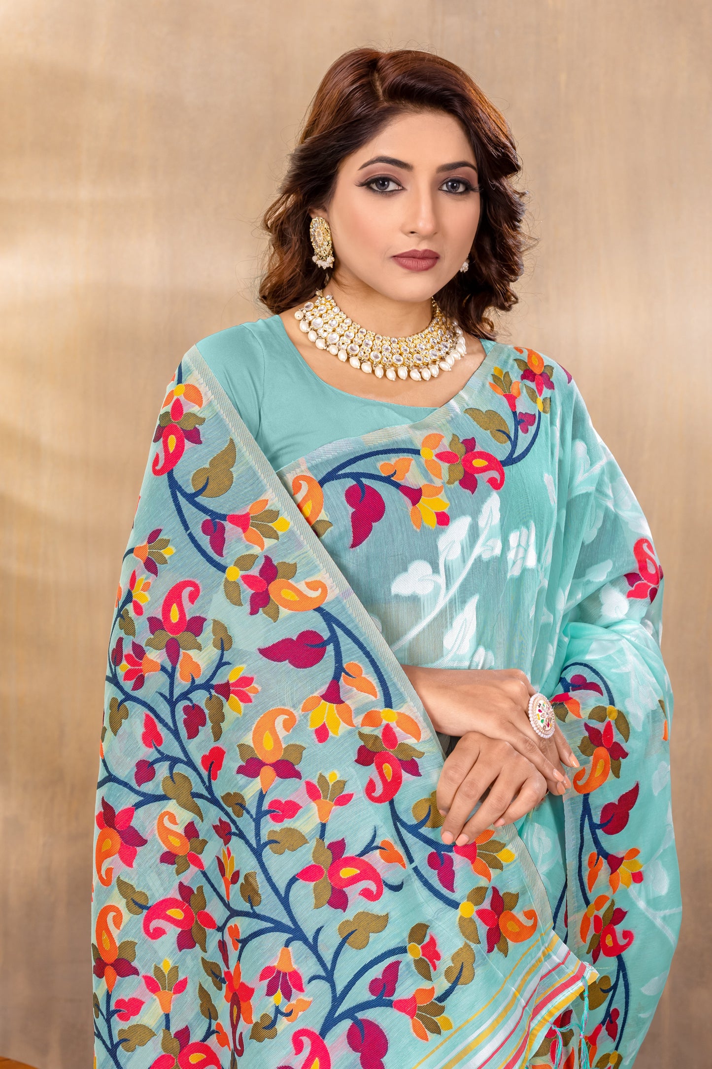 Dhiyona GR Women's Suhani Sky Blue Cotton Jamdani Saree
