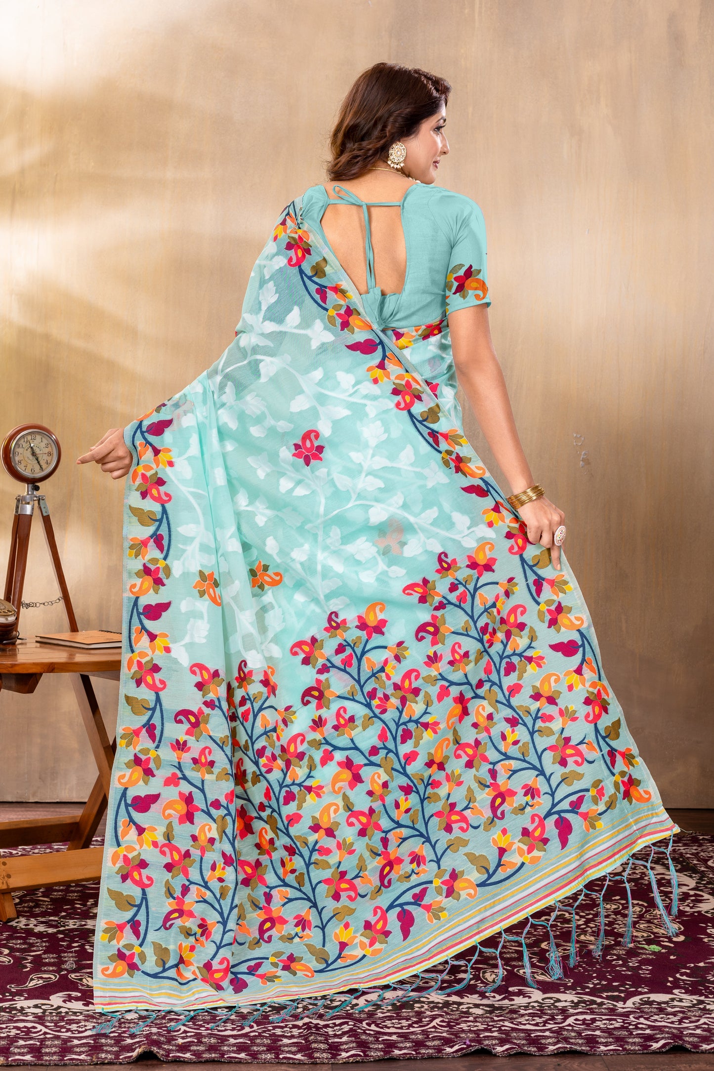 Dhiyona GR Women's Suhani Sky Blue Cotton Jamdani Saree