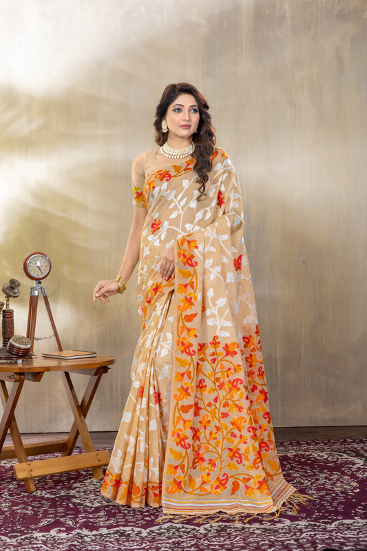 Dhiyona GR Women's Suhani Beige Cotton Jamdani Saree