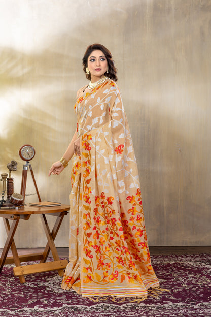Dhiyona GR Women's Suhani Beige Cotton Jamdani Saree