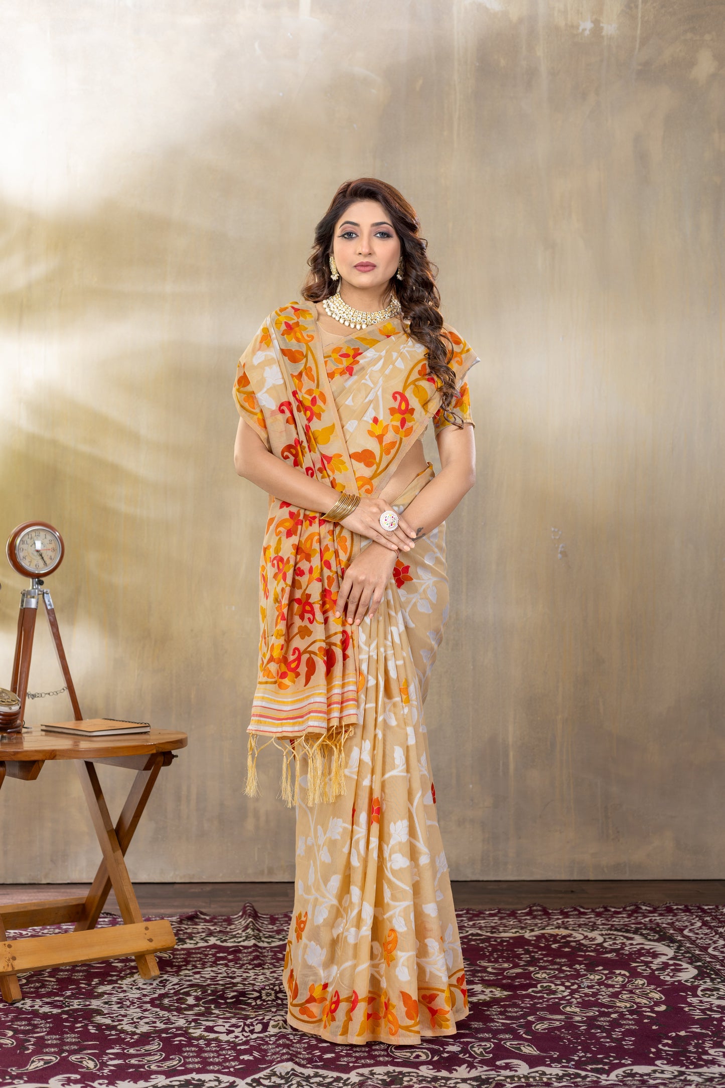Dhiyona GR Women's Suhani Beige Cotton Jamdani Saree