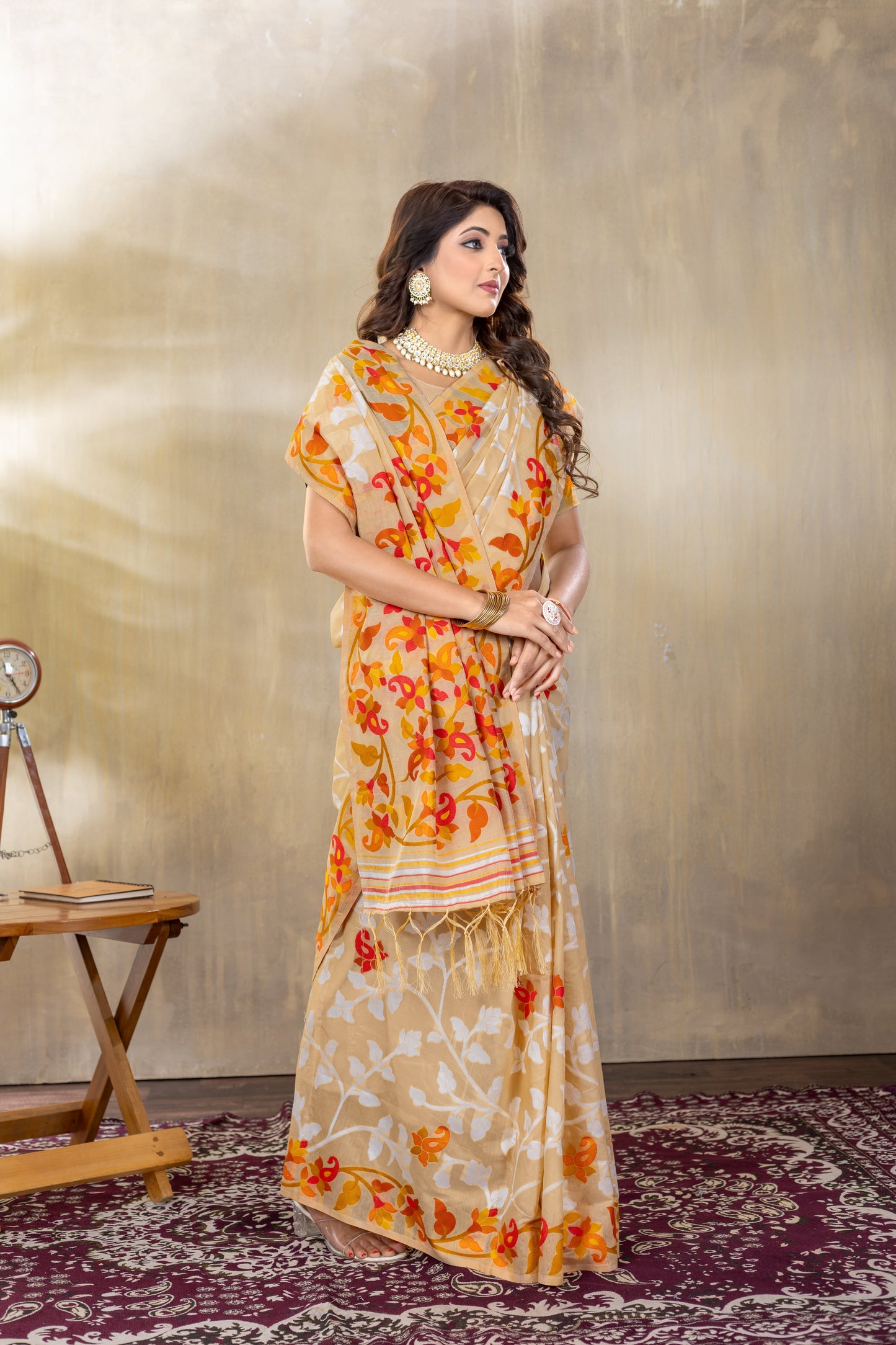 Dhiyona GR Women's Suhani Beige Cotton Jamdani Saree
