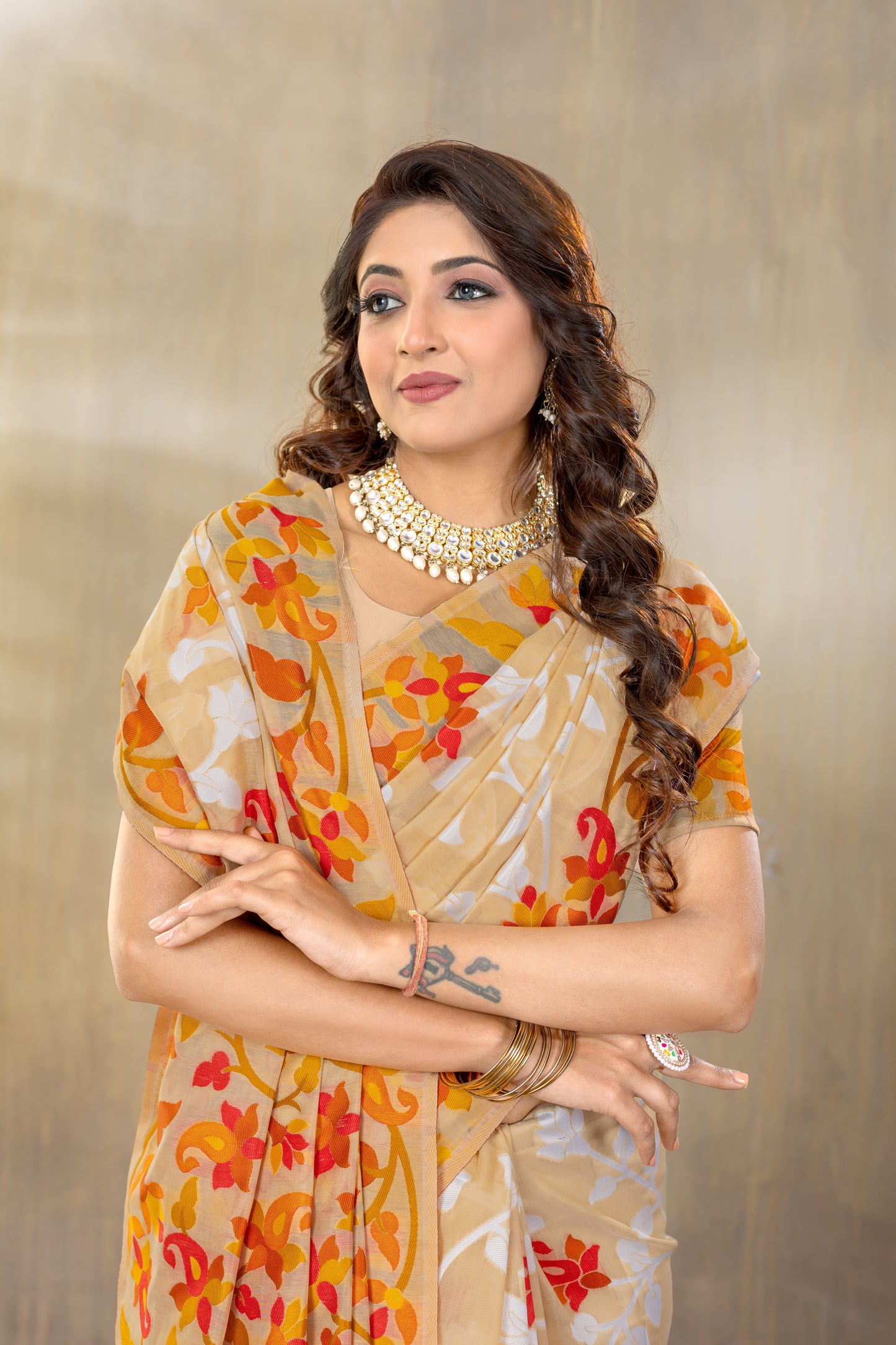 Dhiyona GR Women's Suhani Beige Cotton Jamdani Saree